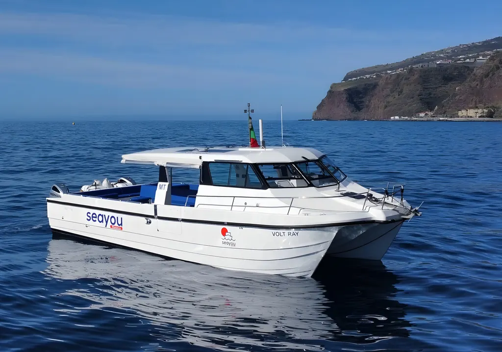 Catamaran cruising beside the Madeira coastline